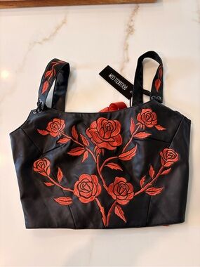 Current Mood Black and red floral corset with Red Lace-Up Detail